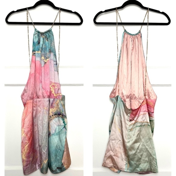 NWT RETROFETE Crystal Straps Watercolor Print Silk Halter Open Back Mini Dress L - Picture 4 of 8